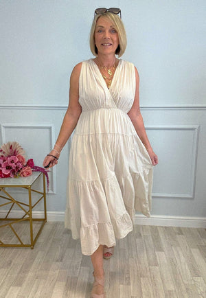 Calla Tiered Cotton Midi Dress 8–18 Sand - Susie's Boutique - | Women's Fashion Online