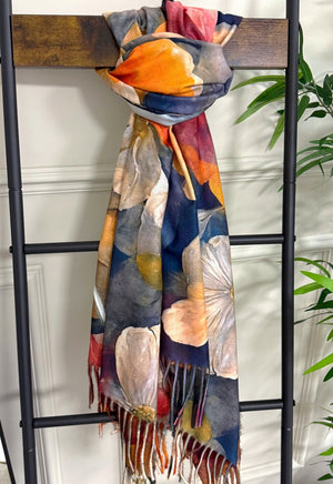 Watercolour Floral Tassel Scarf – Sunset Petals - Susie's Boutique - | Women's Fashion Online