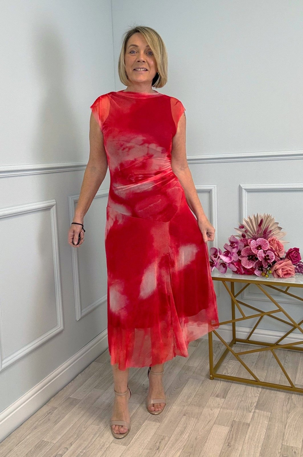 Celeste Cloud Mesh Midi Dress 8–14 Sunset Red - Susie's Boutique - | Women's Fashion Online