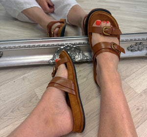 Lysandra Double Buckle Faux Leather Sliders Tan - Susie's Boutique - | Women's Fashion Online