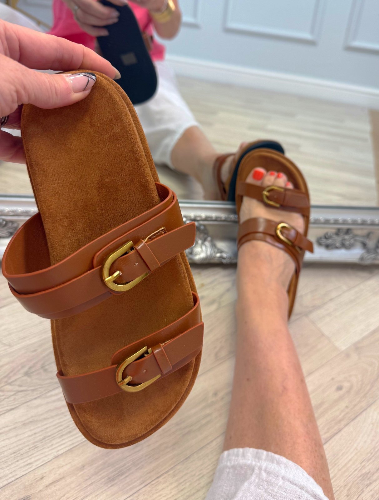 Lysandra Double Buckle Faux Leather Sliders Tan - Susie's Boutique - | Women's Fashion Online