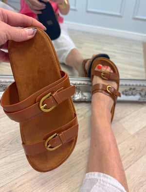 Lysandra Double Buckle Faux Leather Sliders Tan - Susie's Boutique - | Women's Fashion Online