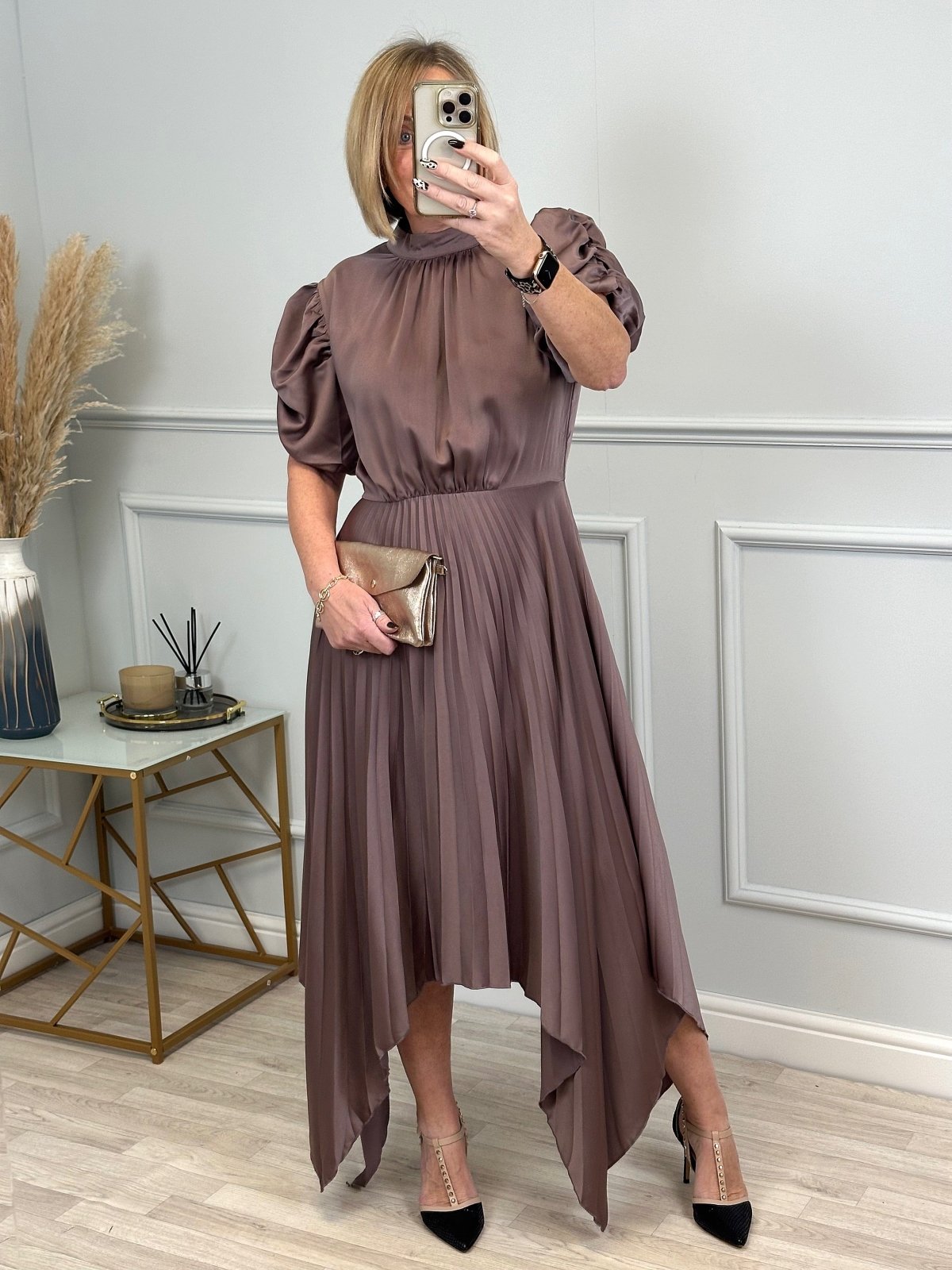 AX Paris Delphine Puff Sleeve Pleated Midi Dress Taupe - Susie's Boutique - | Women's Fashion Online