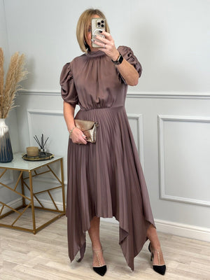 AX Paris Delphine Puff Sleeve Pleated Midi Dress Taupe - Susie's Boutique - | Women's Fashion Online