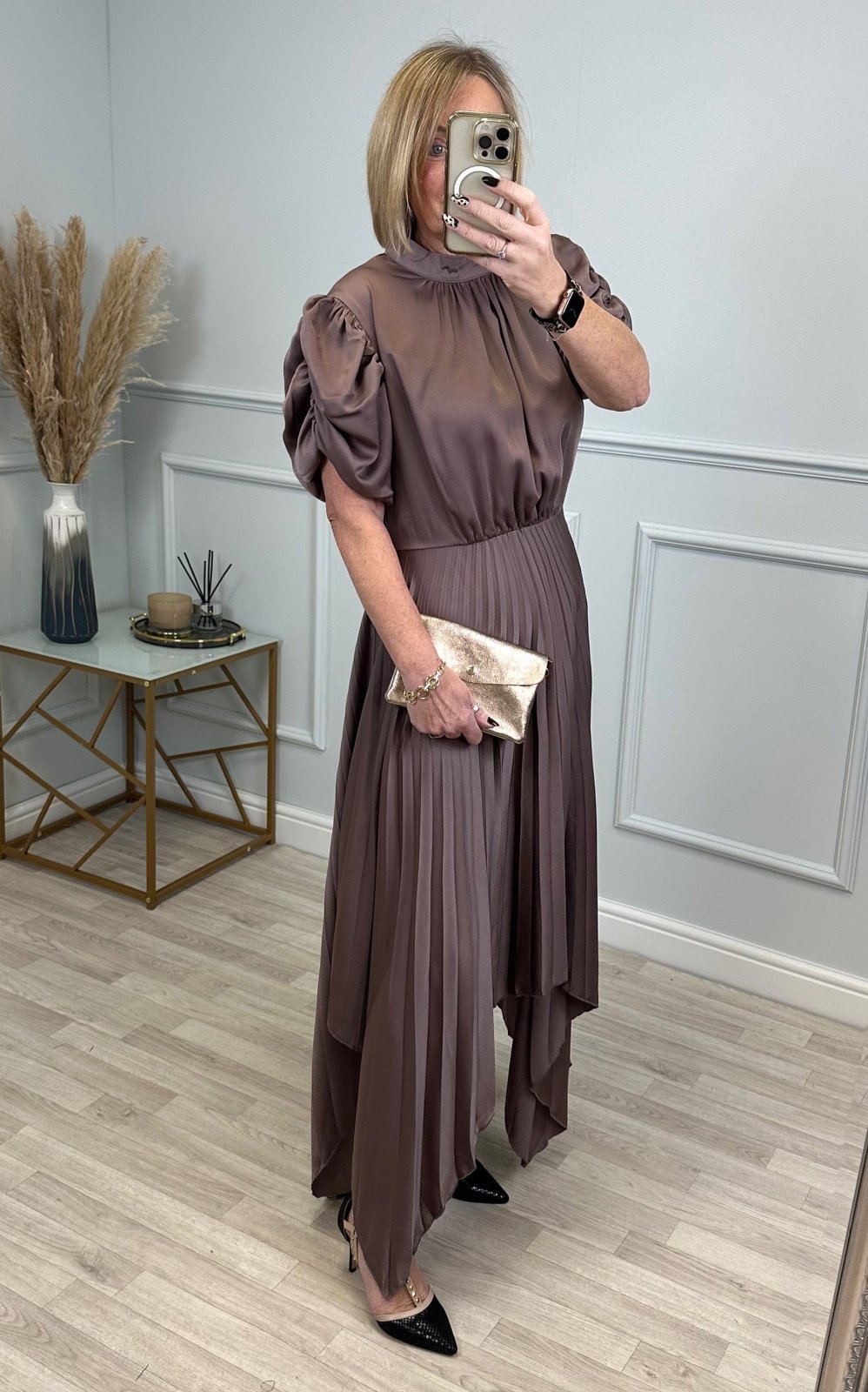 AX Paris Delphine Puff Sleeve Pleated Midi Dress Taupe - Susie's Boutique - | Women's Fashion Online