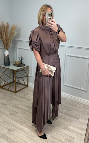 AX Paris Delphine Puff Sleeve Pleated Midi Dress Taupe - Susie's Boutique - | Women's Fashion Online