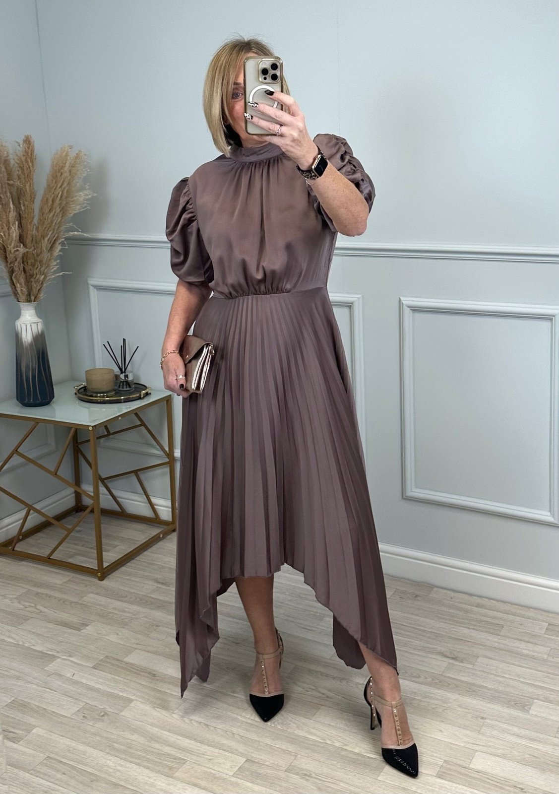 AX Paris Delphine Puff Sleeve Pleated Midi Dress Taupe - Susie's Boutique - | Women's Fashion Online