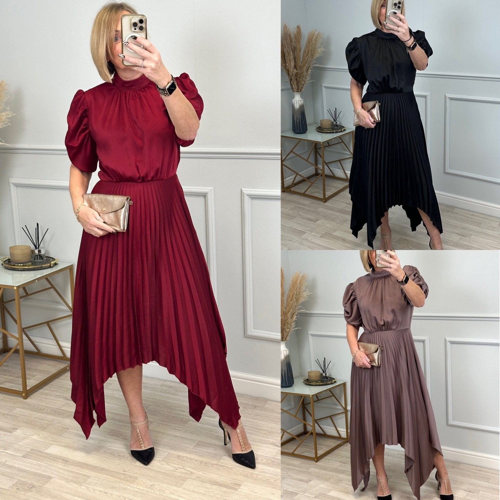 AX Paris Delphine Puff Sleeve Pleated Midi Dress Taupe - Susie's Boutique - | Women's Fashion Online
