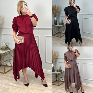 AX Paris Delphine Puff Sleeve Pleated Midi Dress Taupe - Susie's Boutique - | Women's Fashion Online