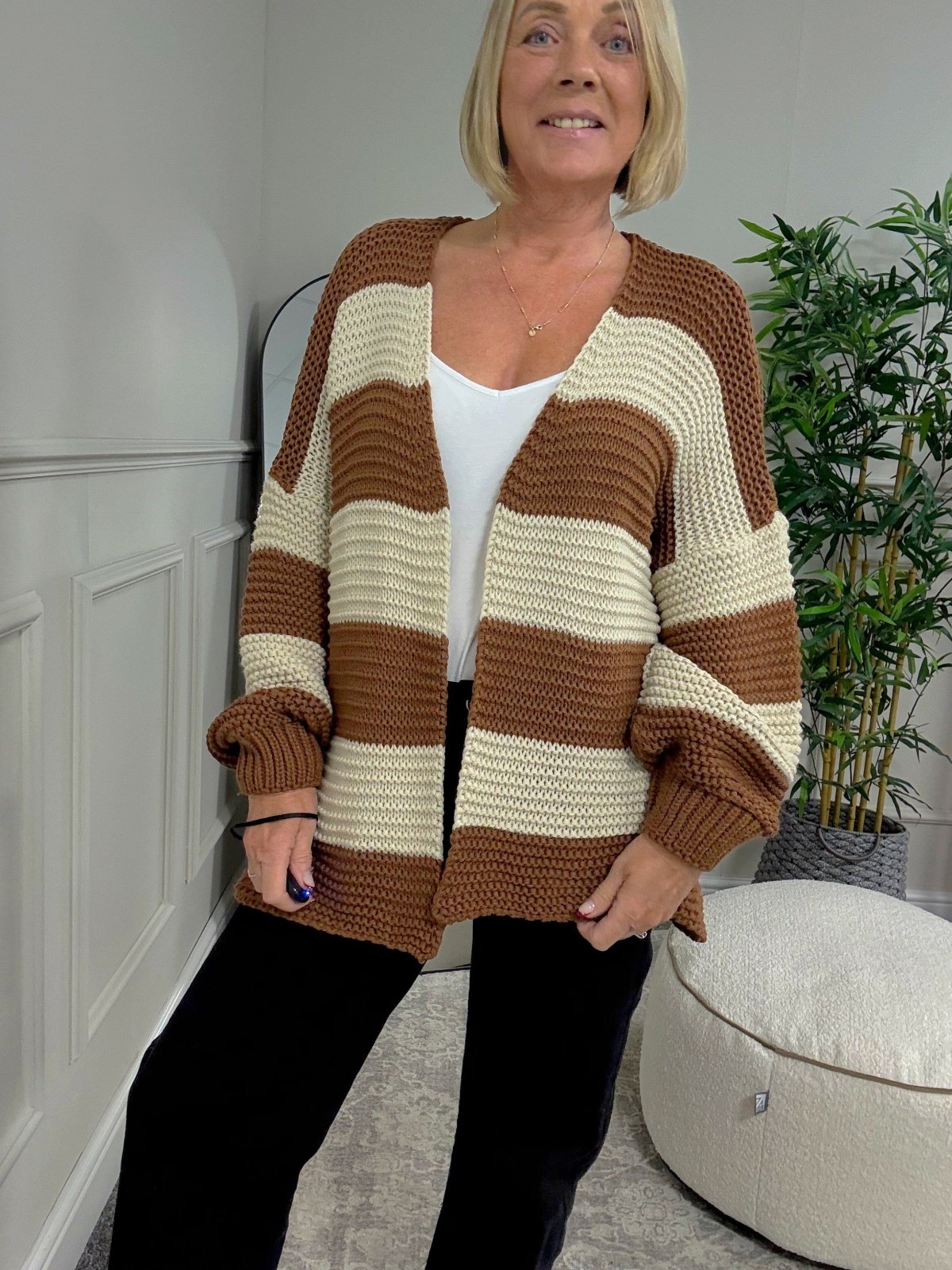 The Marlowe Stripe Cardigan 10 - 20 Toffee & Sand - Susie's Boutique - | Women's Fashion Online
