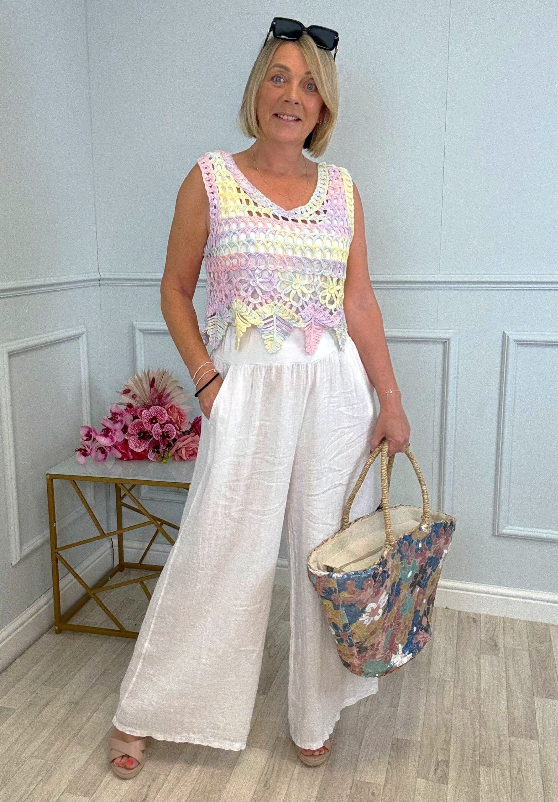 Nola Stretch Waist Linen Wide - Leg Trousers 8 - 20 White - Susie's Boutique - | Women's Fashion Online