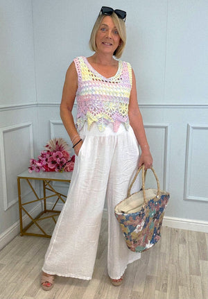 Nola Stretch Waist Linen Wide - Leg Trousers 8 - 20 White - Susie's Boutique - | Women's Fashion Online