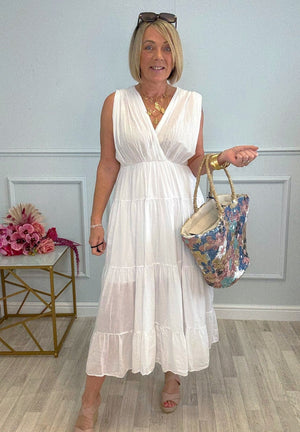 Calla Tiered Cotton Midi Dress 8–18 White - Susie's Boutique - | Women's Fashion Online