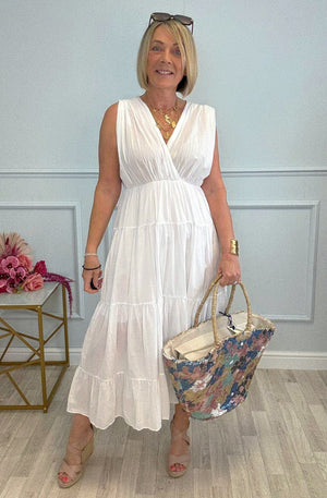 Calla Tiered Cotton Midi Dress 8–18 White - Susie's Boutique - | Women's Fashion Online