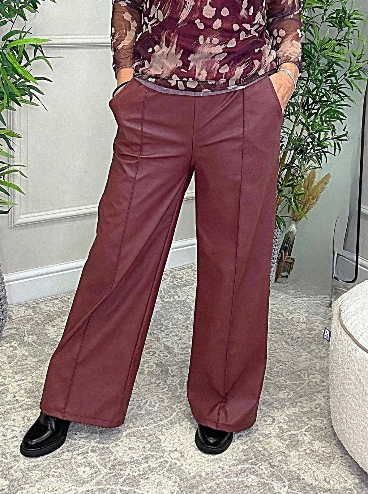 Alexandria PU Wide Straight - Leg Trousers – Sizes 10–16 Wine - Susie's Boutique - | Women's Fashion Online