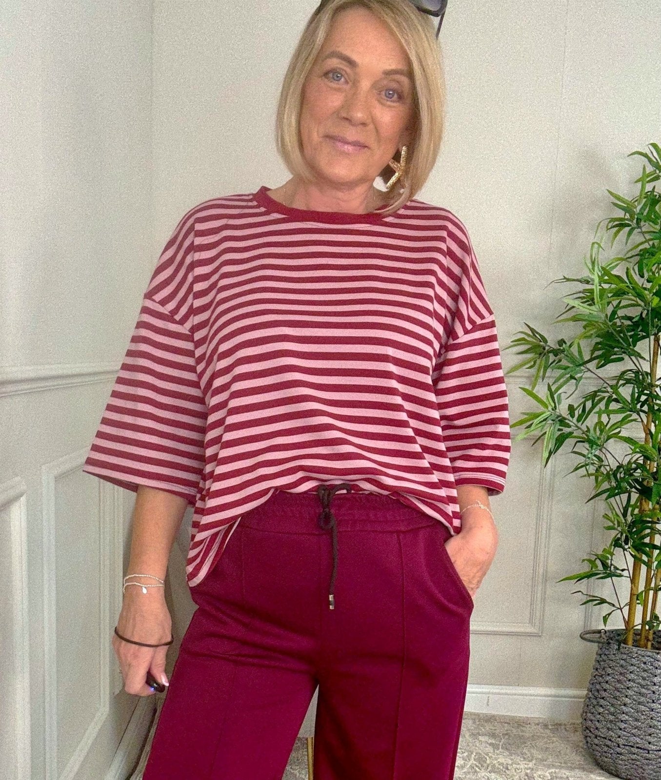 Maya Oversized Stripe Sweat Tee – 10–18 Wine - Susie's Boutique - | Women's Fashion Online