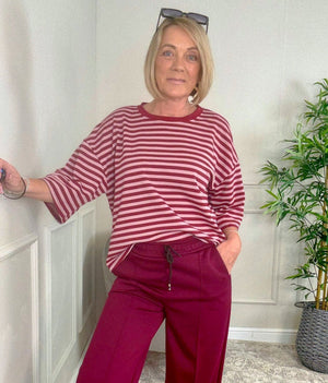 Maya Oversized Stripe Sweat Tee – 10–18 Wine - Susie's Boutique - | Women's Fashion Online