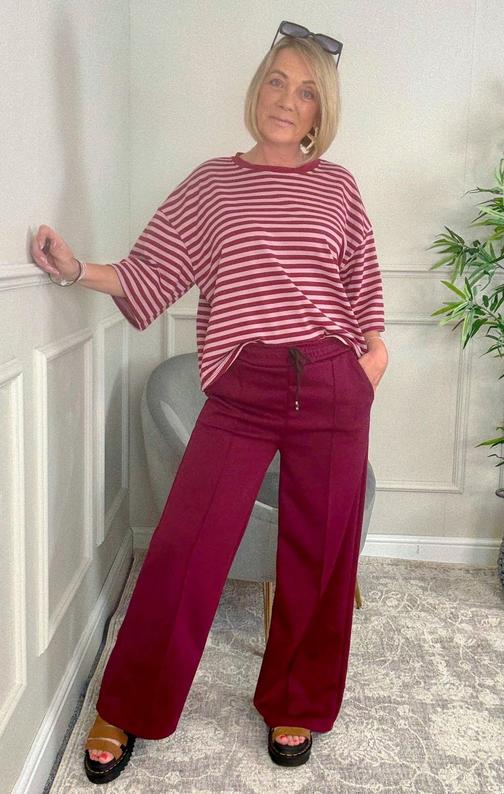 Maya Oversized Stripe Sweat Tee – 10–18 Wine - Susie's Boutique - | Women's Fashion Online