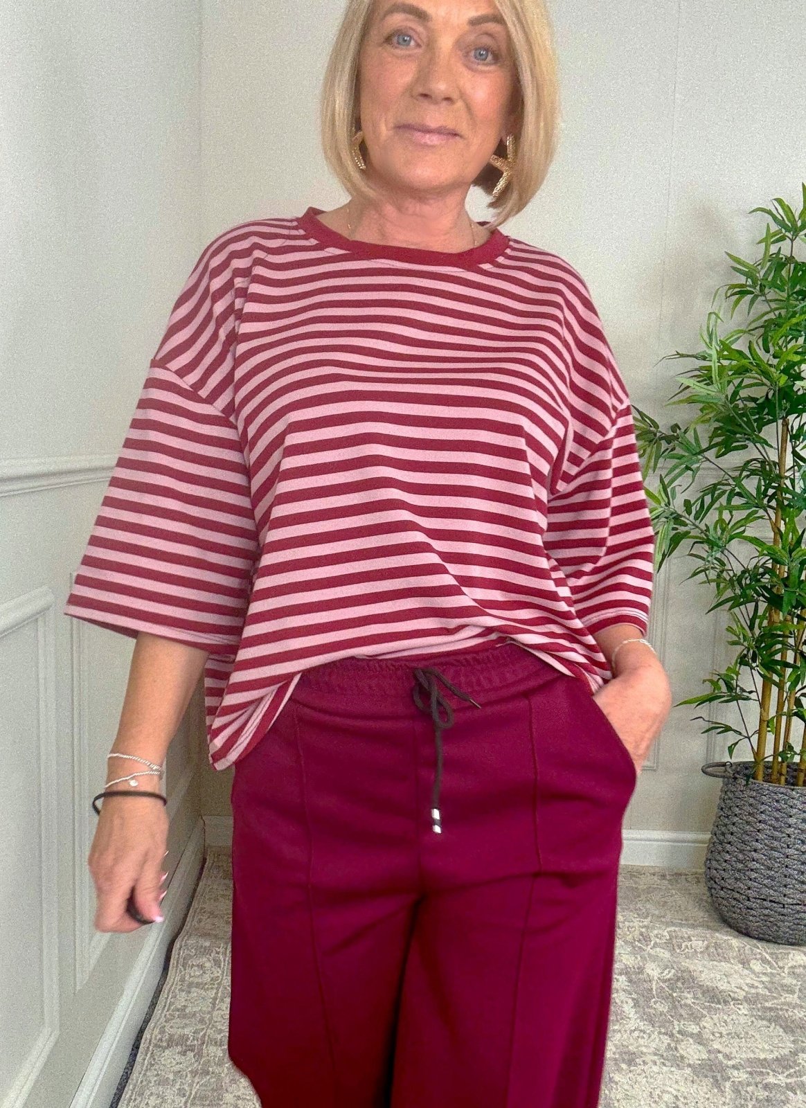 Maya Oversized Stripe Sweat Tee – 10–18 Wine - Susie's Boutique - | Women's Fashion Online