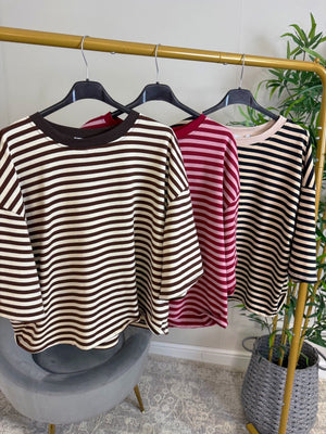 Maya Oversized Stripe Sweat Tee – 10–18 Wine - Susie's Boutique - | Women's Fashion Online