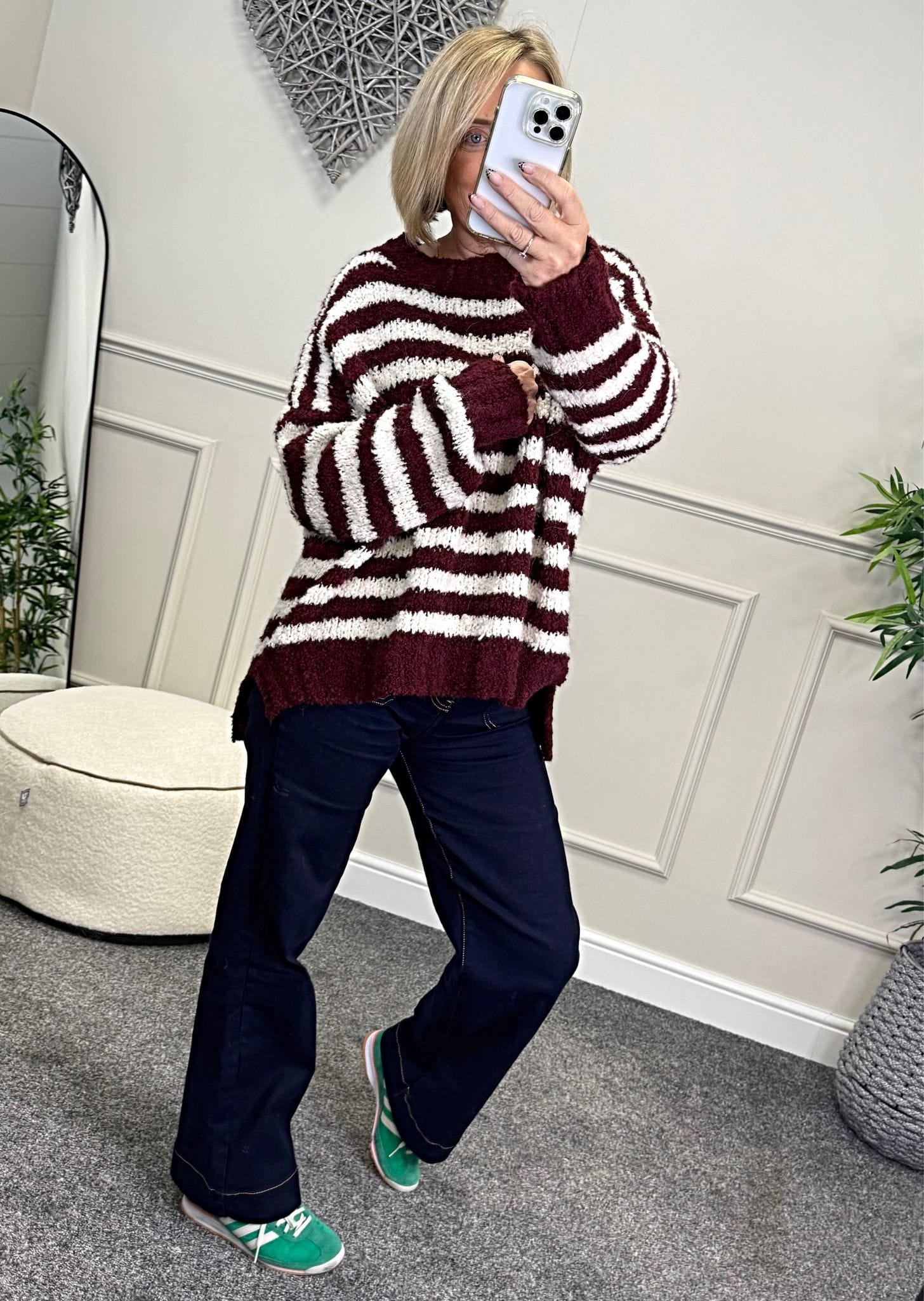Susie wearing wine and white stripe jumper with jeans available at www.susiesboutique.co.uk