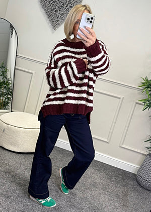 Susie wearing wine and white stripe jumper with jeans available at www.susiesboutique.co.uk