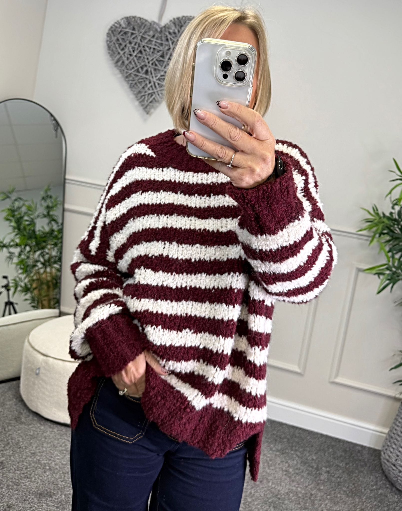 Susie wearing wine and white stripe jumper with jeans available at www.susiesboutique.co.uk