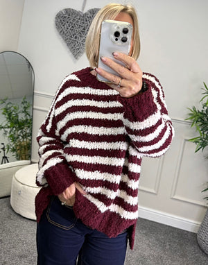Susie wearing wine and white stripe jumper with jeans available at www.susiesboutique.co.uk
