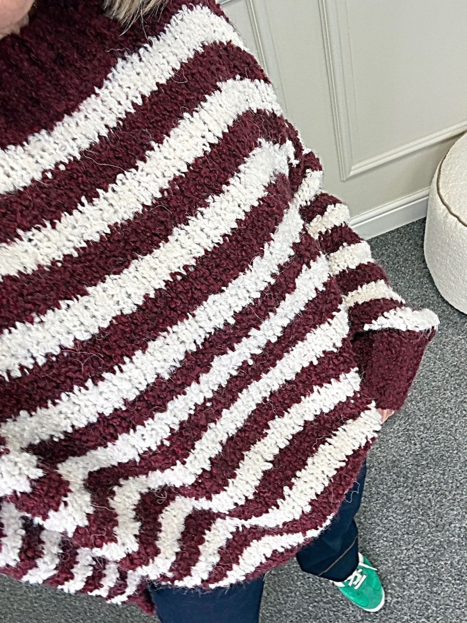 Susie wearing wine and white stripe jumper with jeans available at www.susiesboutique.co.uk