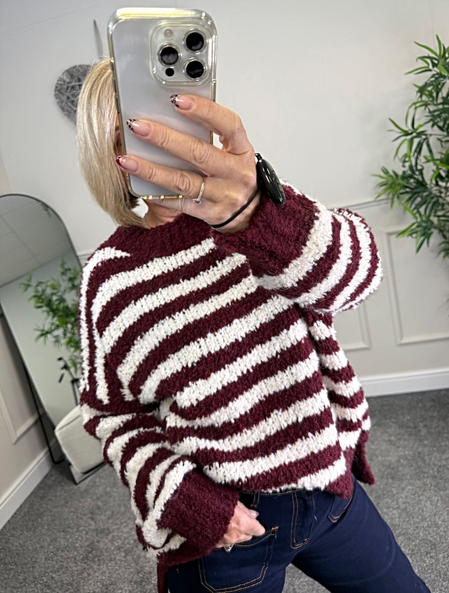 Susie wearing wine and white stripe jumper with jeans available at www.susiesboutique.co.uk