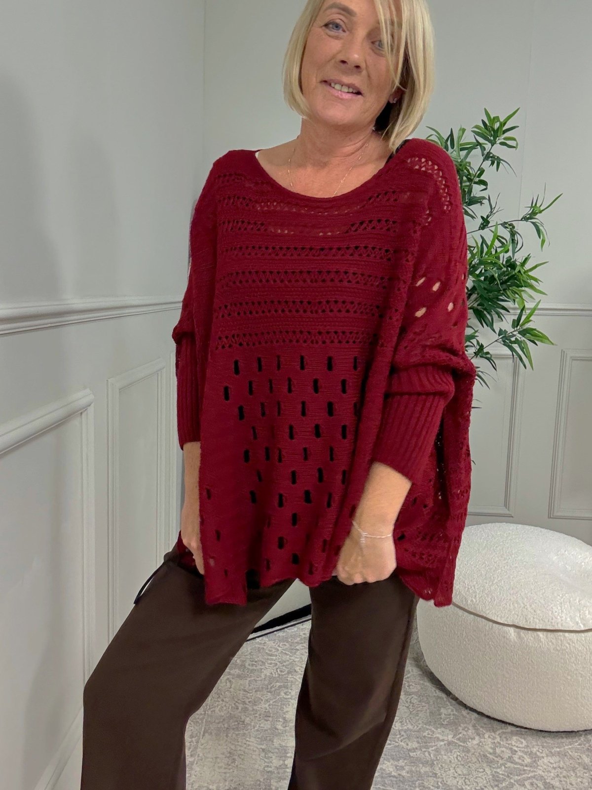 Felicity Oversized Crochet Jumper 8 - 18 Wine - Susie's Boutique - | Women's Fashion Online