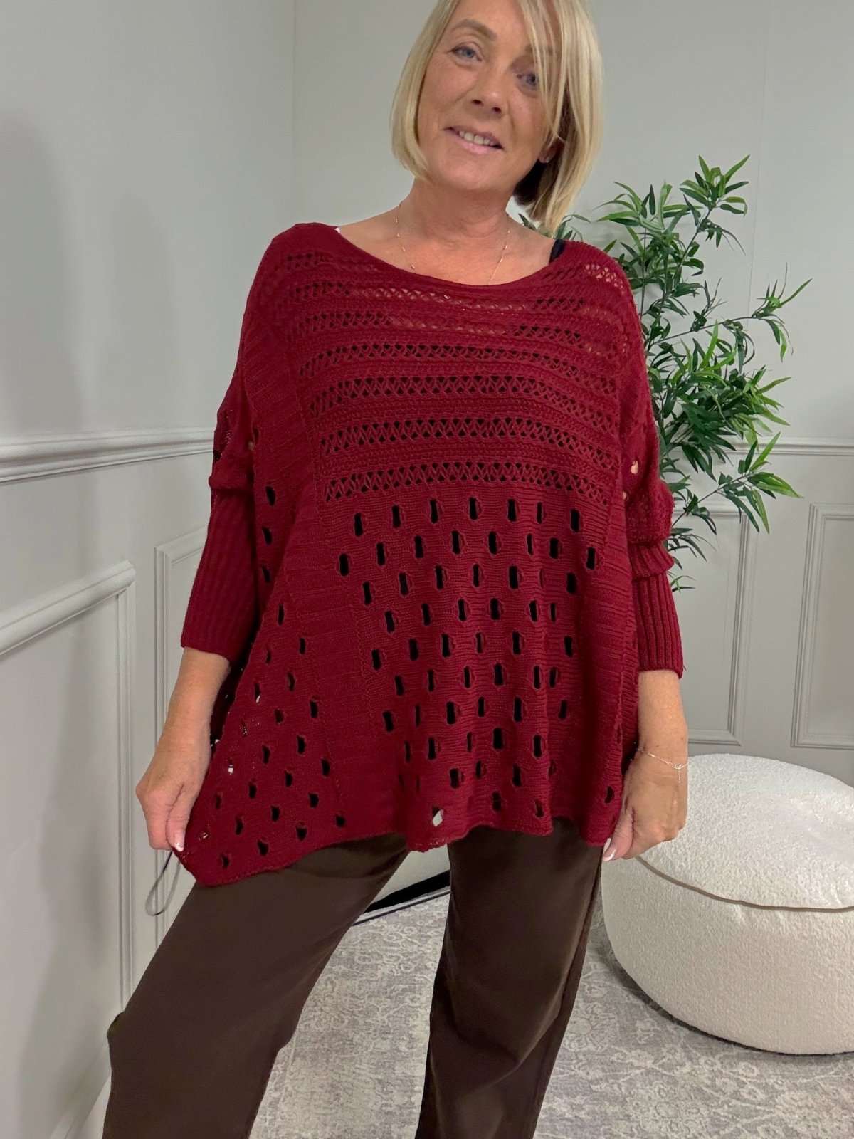 Felicity Oversized Crochet Jumper 8 - 18 Wine - Susie's Boutique - | Women's Fashion Online