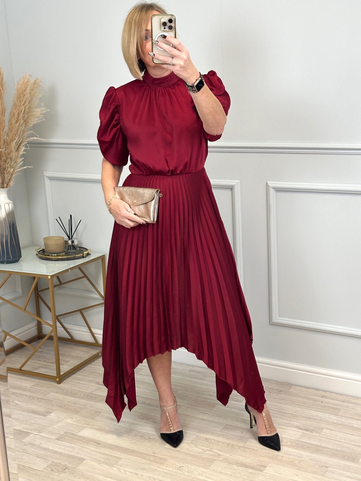 AX Paris Delphine Puff Sleeve Pleated Midi Dress Wine - Susie's Boutique - | Women's Fashion Online