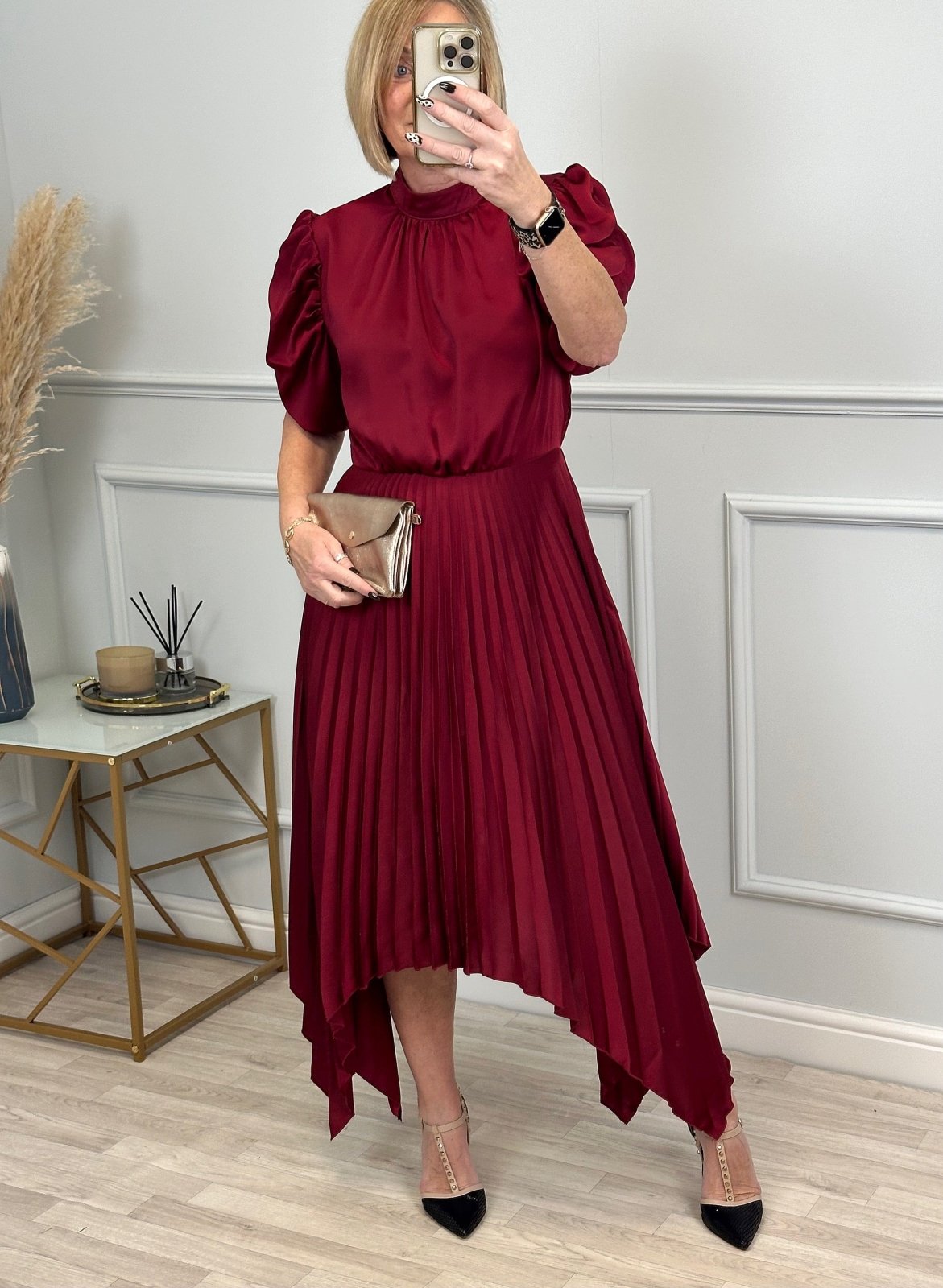AX Paris Delphine Puff Sleeve Pleated Midi Dress Wine - Susie's Boutique - | Women's Fashion Online