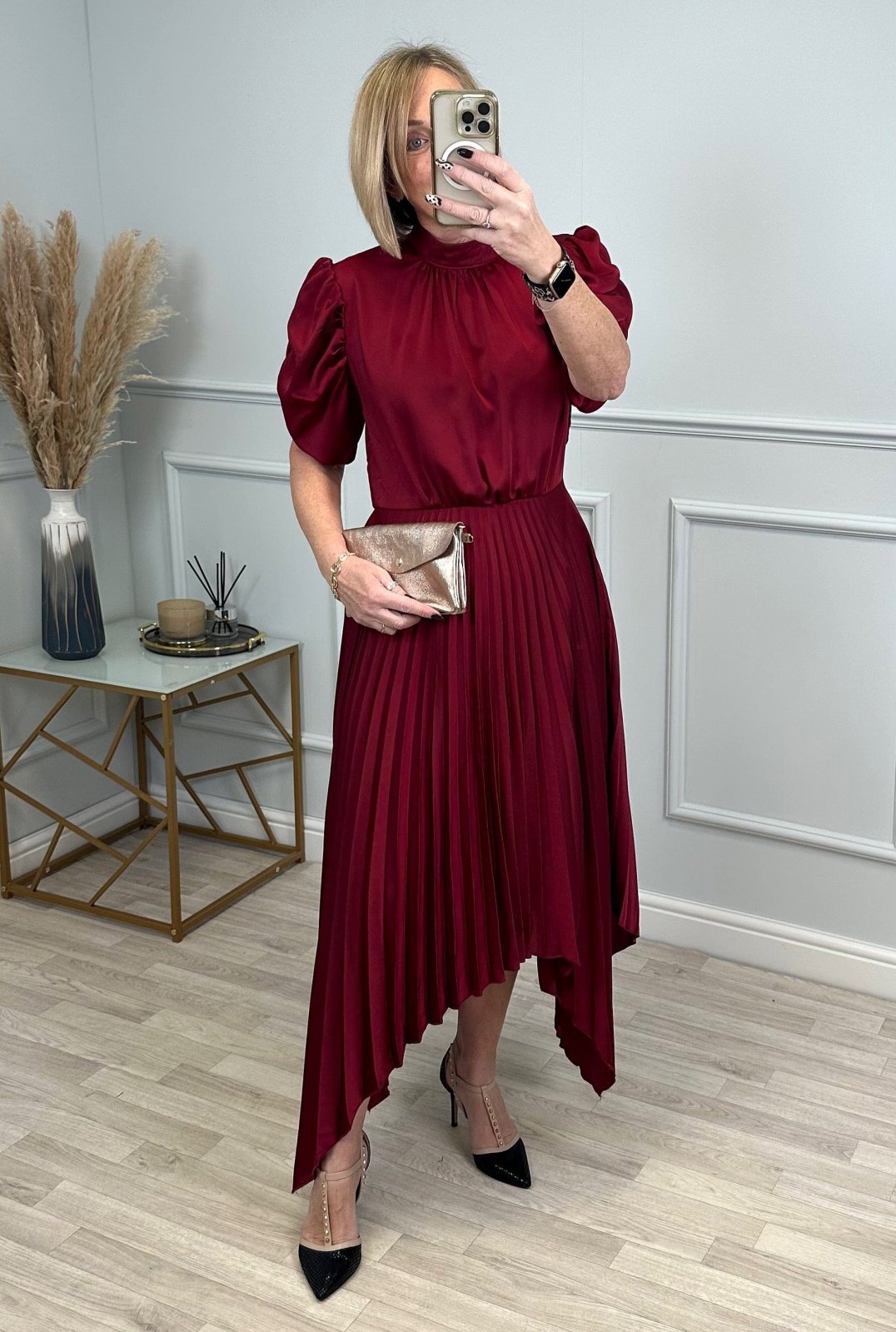 AX Paris Delphine Puff Sleeve Pleated Midi Dress Wine - Susie's Boutique - | Women's Fashion Online