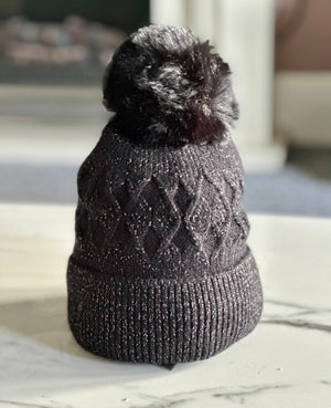 Shimmer Cable Knit Pom Pom Hat - Susie's Boutique